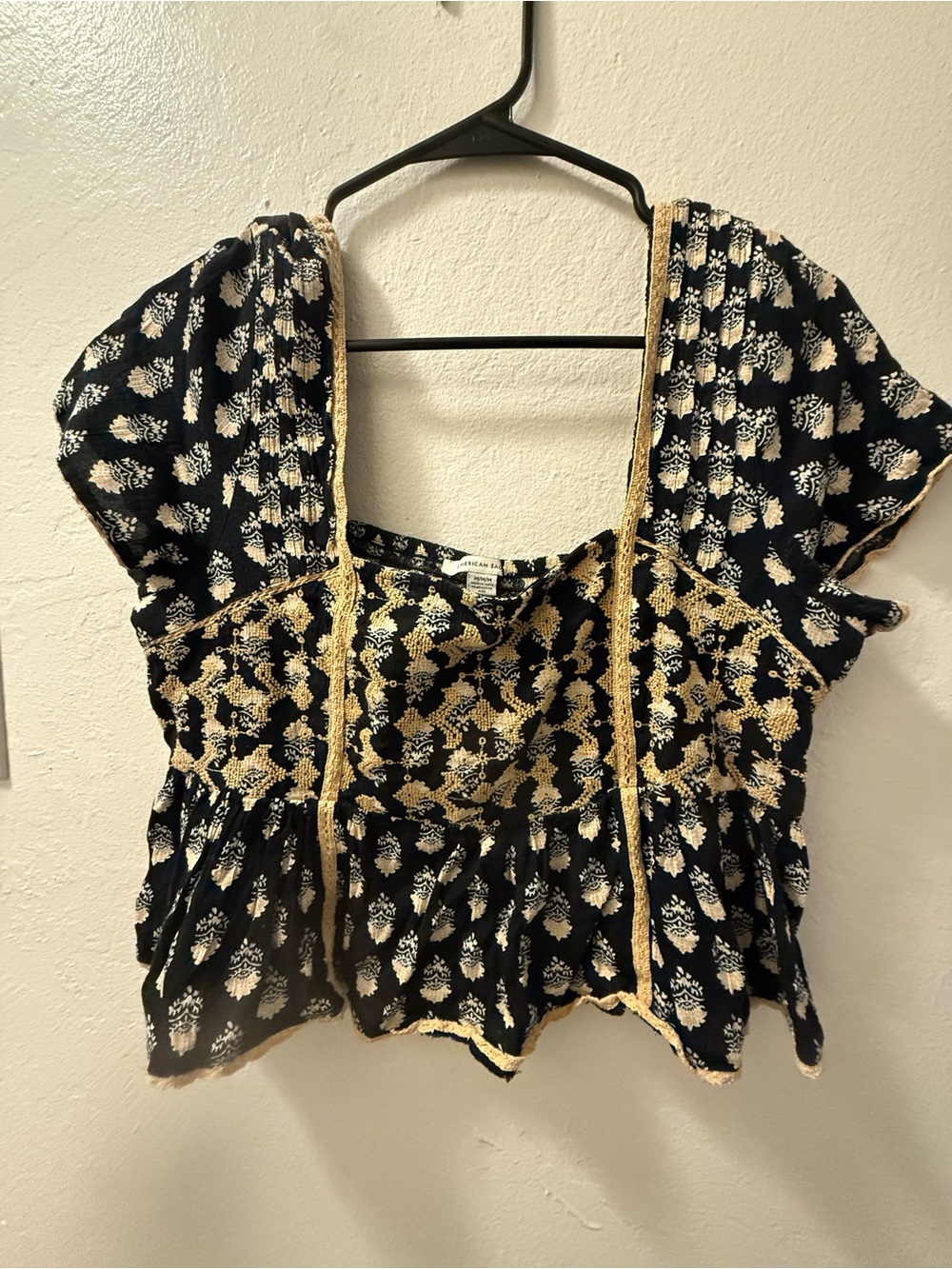 American Eagle Outfitters Black Floral Smocked Peasant Top with Cream Trim